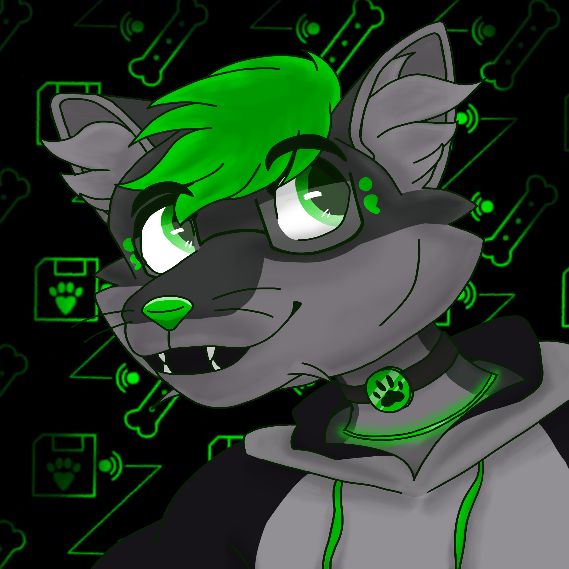 Headshot of Hex, a primarily grey wolf otter hybrid with bright green accents